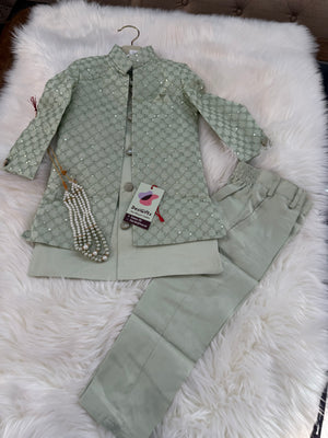 Boy's Green Shade Cotton Silk 3 Piece Indo Western Outfit,  Embroidered  Sequins Long Jacket with Pant , Boy's Sherwani Dress - B-2075