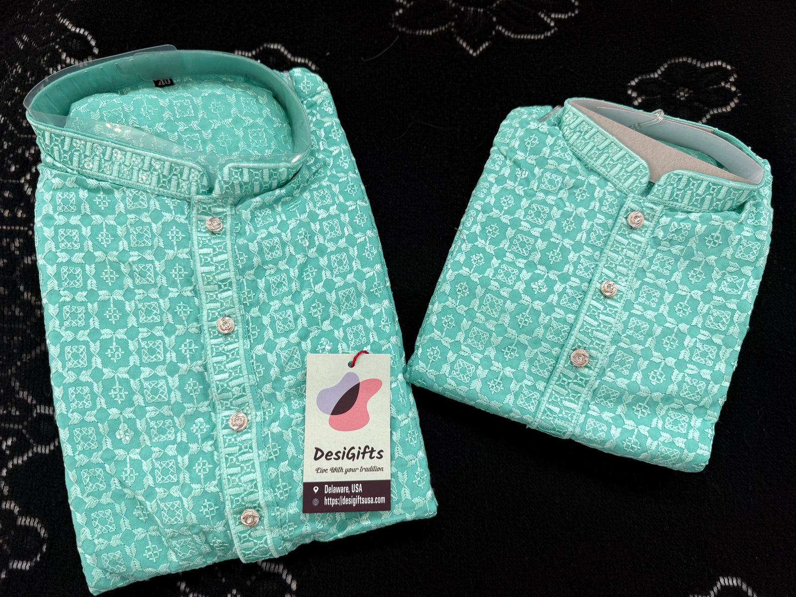 Men & Boys Turquoise Teal Rayon Chikankari with Sequins Kurta Pajama Set | Matching Father Son Option Festive Outfit with Sequin Work, DM -1423