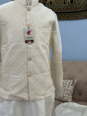 3 Piece Cream Kurta Pajama, Pant Style, with Embroidered Sequins Jacket Set-Silk Fabric, JKP- 1926)