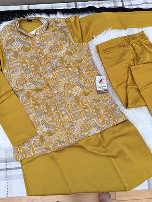 Festive Men’s 3-Piece Mustard Yellow Shade Kurta Pajama with Embroidered Sequins Jacket, Silk Ethnic Wear for Wedding & Festive, KPJ-4053