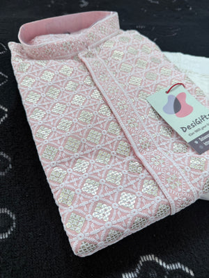 Men's Kurta Pajama set with Embroidery and Sequins in Soft Pink Shade. Two-piece Indian traditional outfit., KP - 1420-1421