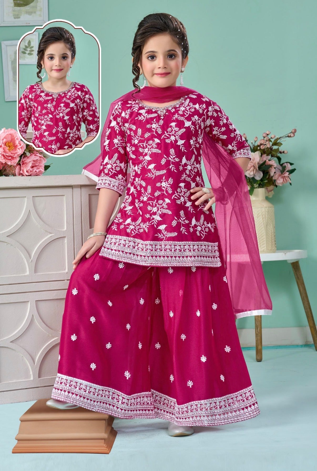 Girls’ Deep Pink Tunic Kurti Sharara Set with Embroidery Work – Festive Ethnic Wear, GRL-2095