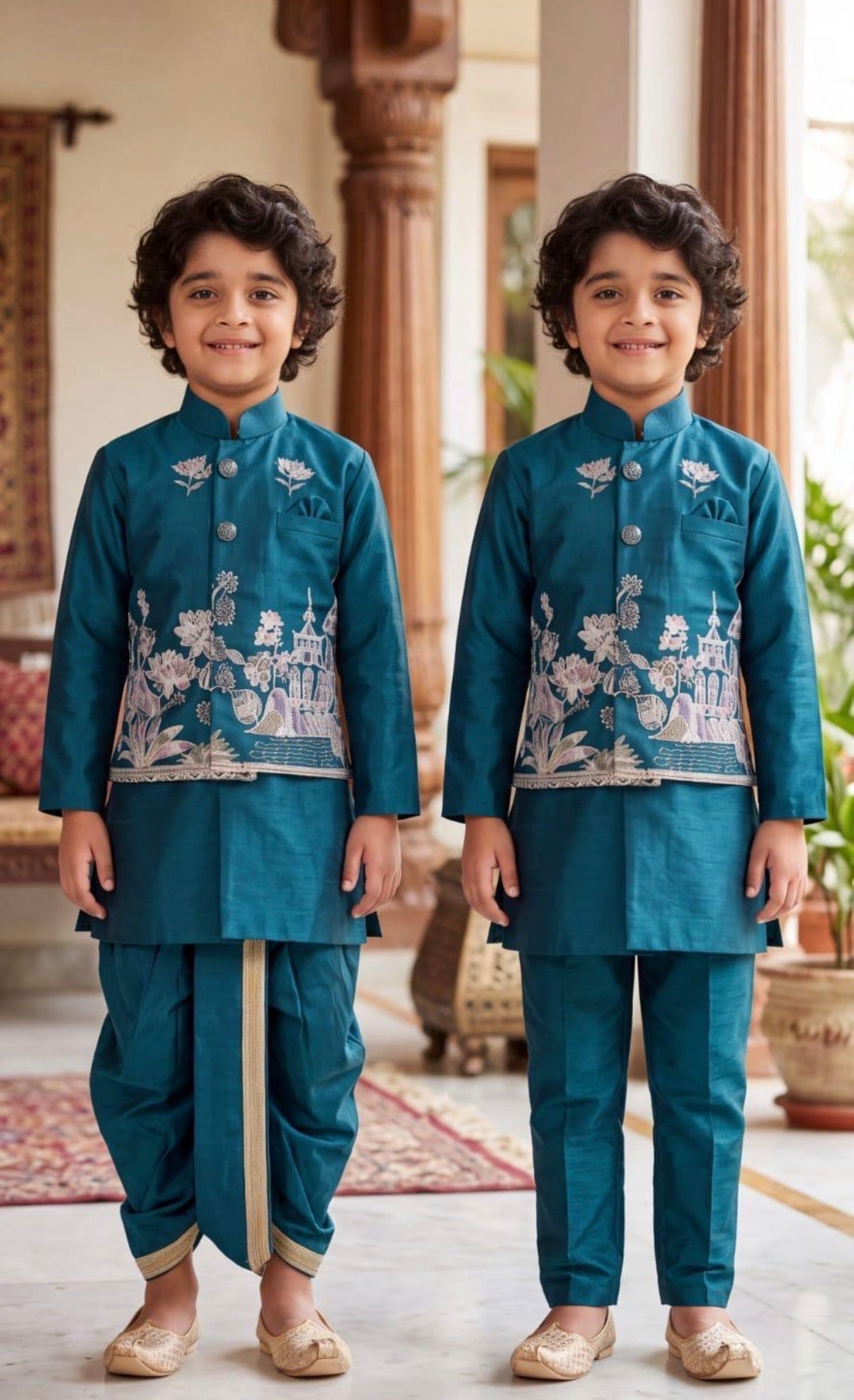 Boys Peacock Blue Kurta Pajama Set with Floral Embroidery Jacket | Dhoti and Pajama | Indian Wedding Festive Ethnic Wear for Kids, B-4055