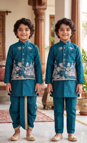 Boys Peacock Blue Kurta Pajama Set with Floral Embroidery Jacket | Dhoti and Pajama | Indian Wedding Festive Ethnic Wear for Kids, B-4055