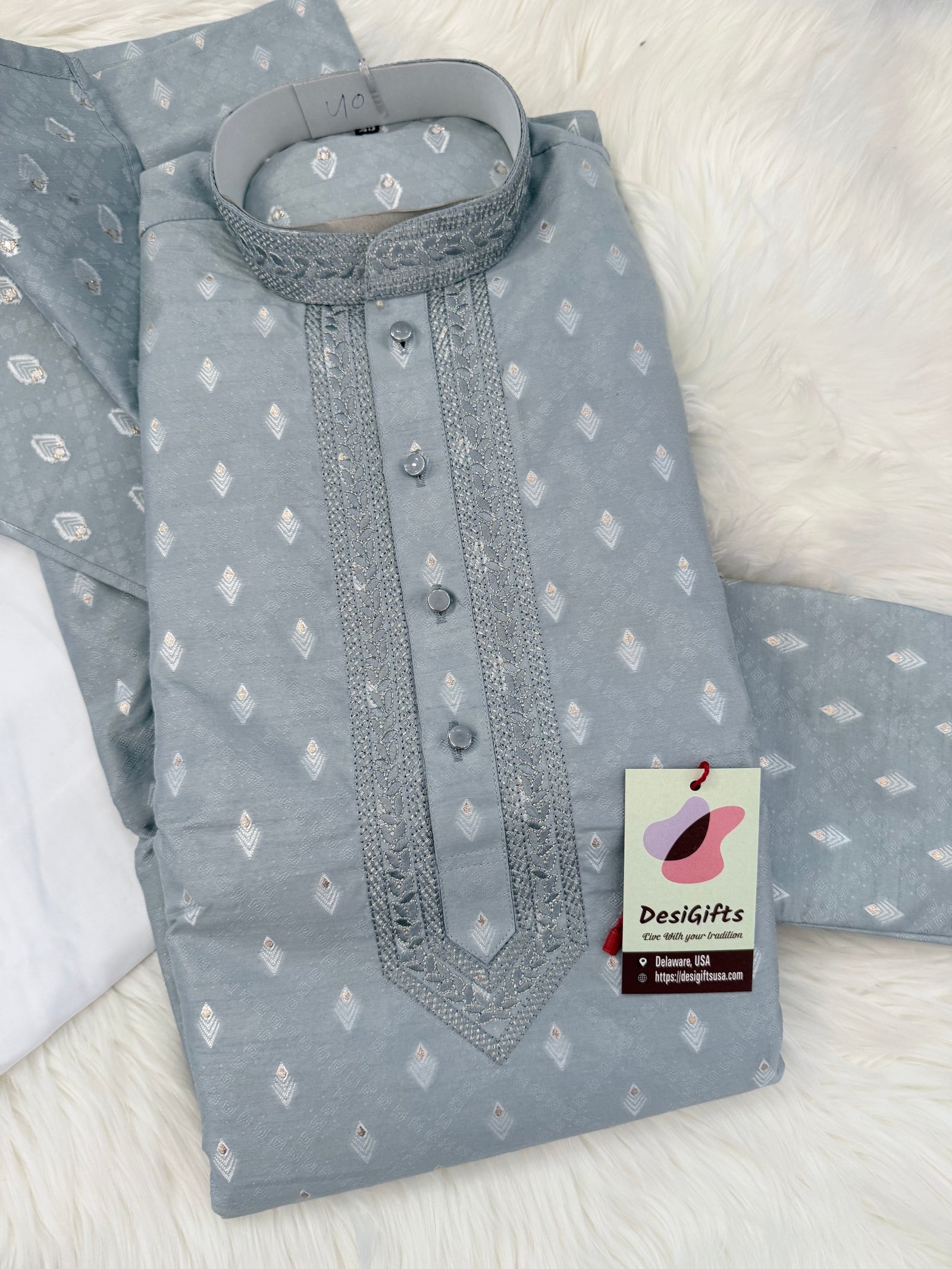 Men's Silver Gray Embroidered Kurta Pajama Set | Designer Indian Ethnic Wear with Trouser Style Pant Pants | Wedding, Eid & Diwali Outfit, KP-4085