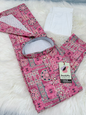 Premium Pink Embroidered Kurta Pajama Set – Viscose Rayon with Printed & Sequin Detailing | Traditional Outfit | KPS-2034