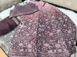 Women’s Ombre Lehenga Choli Set with Dupatta – Floral Embroidered Indian Wedding & Festive Outfit, Teal Pink, Wine Pink and Green Gray, LHG - 4006