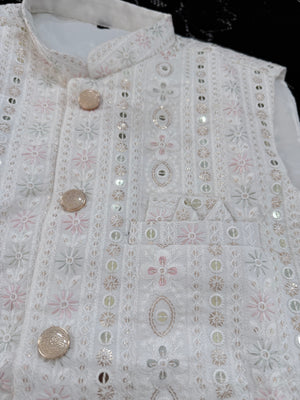 Festive White Ethnic Jacket for Men – Pastel Thread Embroidery with Sequins – Heavy Thread Work Wedding Waistcoat | J-3032