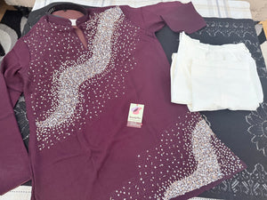 Men’s Wine Sequin Embellished Shorter Length Kurta with Parallel Pants | Indo-Western Wedding & Festive Kurta Pajama Set, KP - 4042