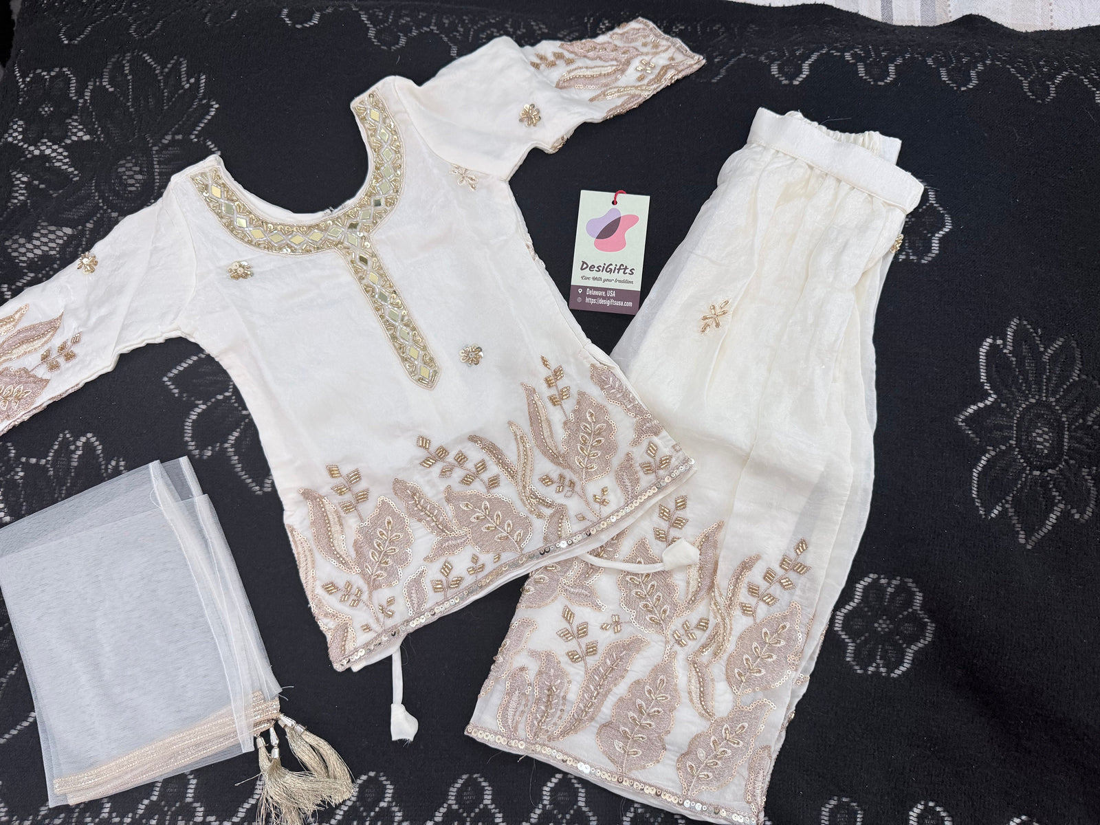 Girls’ Ivory White with Gold Embroidery Kurta Palazzo Set with Sequins Work – Festive Ethnic Wear, GRL-2099