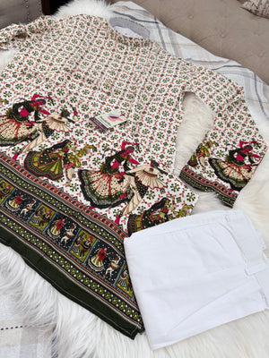 Men’s Off white/Cream Gujarati Garba Print Kurta Pajama Set | Traditional Navratri Festive Wear – Design 3066