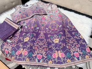Women’s Purple to Cream Ombré Lehenga Choli Set – Digital Floral Print, Mirror-Style Sequin Work, Faux Georgette Dupatta, Indian Wedding Festive Wear, LHG - 4005