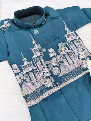 Boys Peacock Blue Kurta Pajama Set with Floral Embroidery Jacket | Dhoti and Pajama | Indian Wedding Festive Ethnic Wear for Kids, B-4059