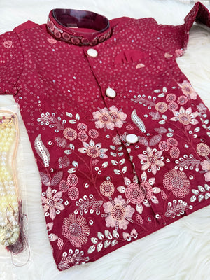 Baby Boy Maroon Embroidered Kurta Set with Dhoti and Pajama | Traditional Indian Ethnic Outfit, Wedding & Festive Wear | Sizes 002,  B-4061