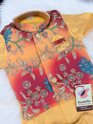 Boys Yellow Kurta Pajama Set with Floral Jacket | Dhoti and Trouser Pant Option | Indian Wedding Festive Ethnic Wear for Kids, B-4049