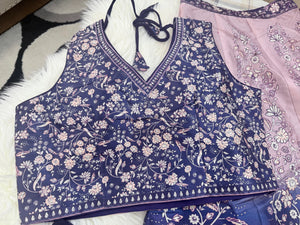 Women’s Navy Blue & Dusty Pink Lehenga Choli Set with Dupatta – Digital Floral Print, Mirror-Style Sequin Work, Indian Wedding Festive Wear, LHG - 4009