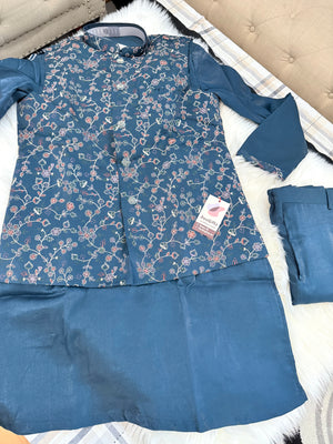 3 Piece Dusty Navy Blue Kurta Pajama with Embroidery Jacket Set, Silk Blend Fabric with a Slight Sheen., Father & Son's Outfit, DM - 3022