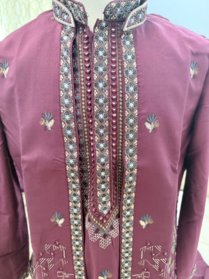 Men’s Wine Embroidered Kurta Pajama Set with Jacket, 3-Piece Indian Ethnic Outfit, Festive Wedding Wear, KPS - 3007