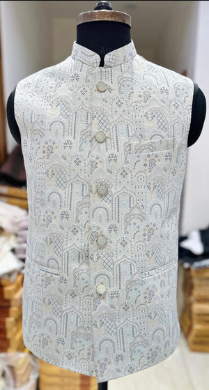 Men’s Designer Jacket – Premium Festive & Wedding Waistcoat, Self Woven Silk Indian Sadri, Stylish Ethnic Jacket, J-2081