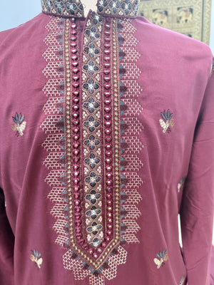 Men’s Wine Embroidered Kurta Pajama Set with Jacket, 3-Piece Indian Ethnic Outfit, Festive Wedding Wear, KPS - 3007