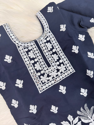 Girls Navy Blue Embroidered Sharara Suit Set with Dupatta, White Thread Work Ethnic Outfit for Kids, Party & Festival Wear, GRL-3001
