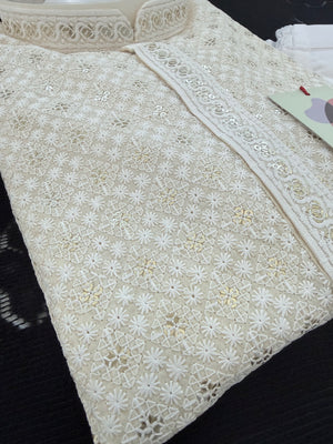 Ivory Cream Embroidered with Sequins Kurta Pajama for Men | Traditional Indian Threadwork Ethnic Outfit, KP - 3023