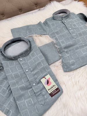 Father & Son Matching option in Dusty Ice Blue Kurta Pajama Set | Geometric Jacquard Kurta with Pants | Indian Wedding & Festive Wear, DM-4029
