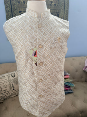 Men’s Light Beige Brocade Nehru Jacket – Blended Silk Indian Sadri, Festive Wedding Waistcoat, Ethnic Modi Jacket, J-3075