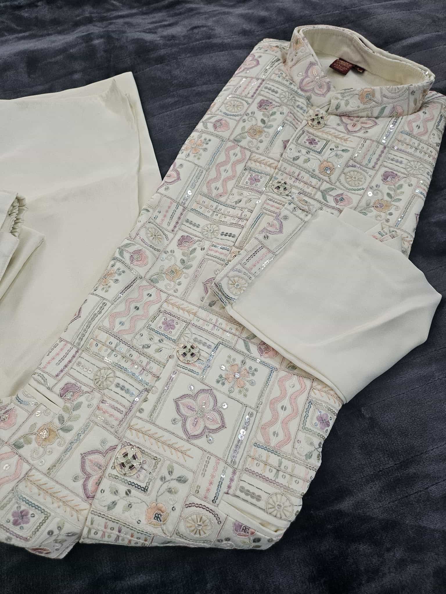 Exquisite Cream 3 Piece Kurta Pajama with Jacket  Embroidered Set for Man, Silk, Indian Wedding Partywear, DM - 1888