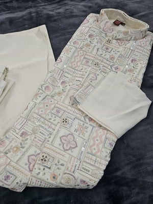 Exquisite Cream 3 Piece Kurta Pajama with Jacket  Embroidered Set for Man, Silk, Indian Wedding Partywear, DM - 1888