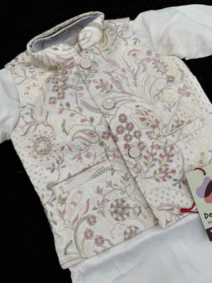 3 Piece Cream Kurta Pajama with Embroidery Jacket Set, Cotton Sateen Kurta, Father & Son's Outfit, DM - 2014
