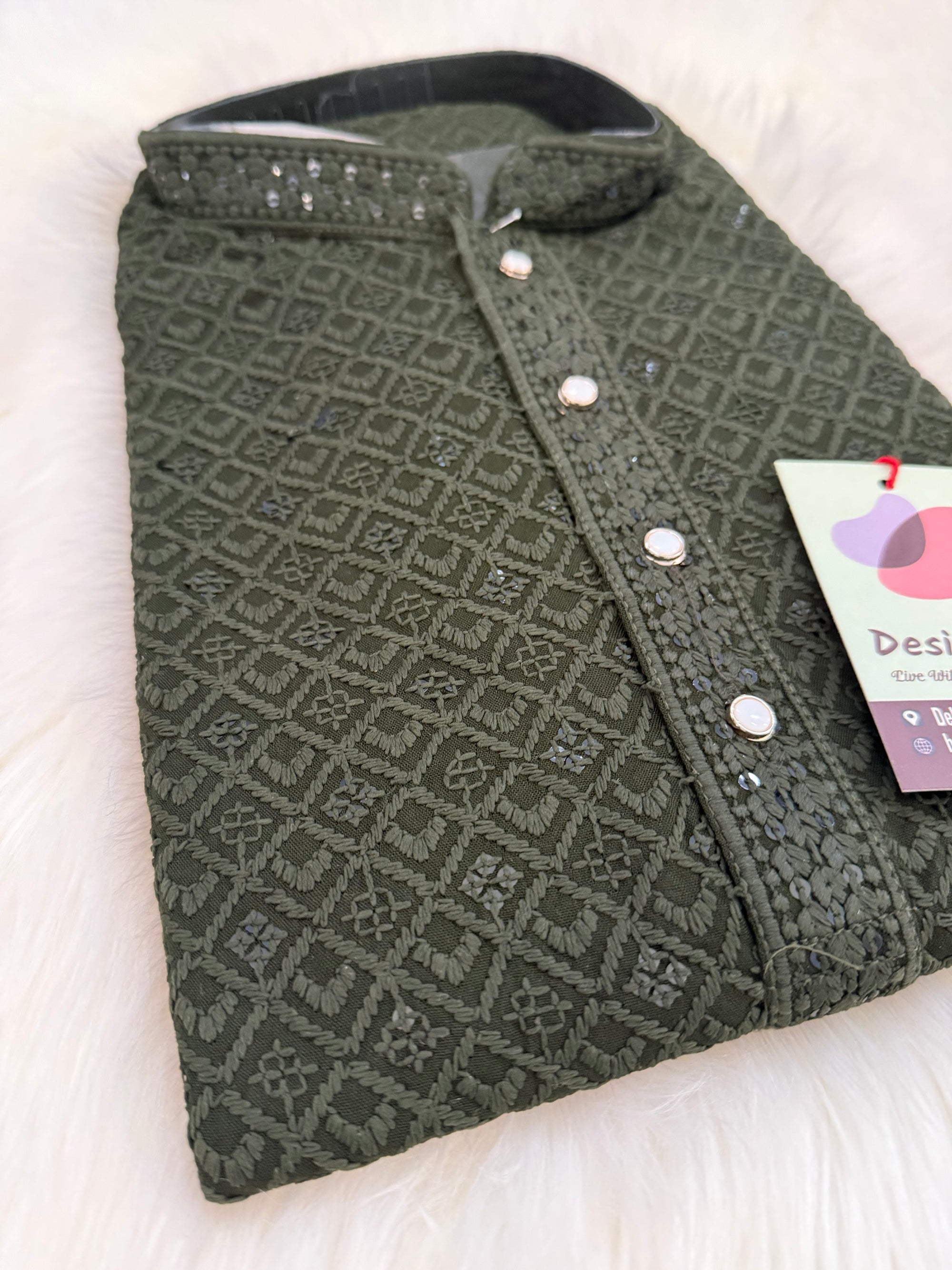 Shirt-Style Henna Green Chikankari Short Kurta with Sequins – Ethnic Casual Kurta-Design SK - 1932