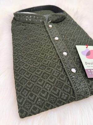 Shirt-Style Henna Green Chikankari Short Kurta with Sequins – Ethnic Casual Kurta-Design SK - 1932