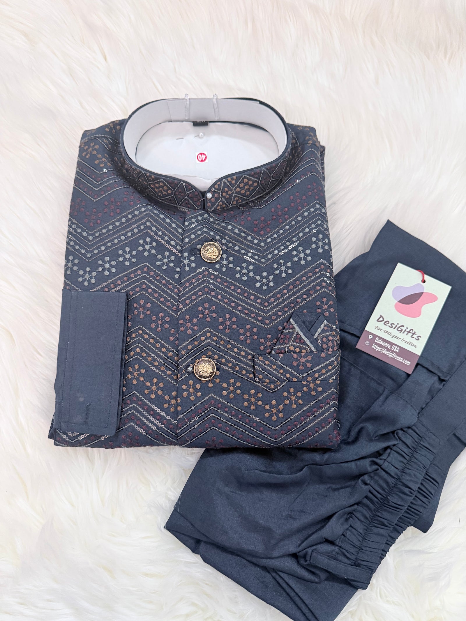 Men’s  Navy Blue 3-Piece Kurta Pajama Set with Jacket, Wedding & Festive Ethnic Wear, KPJ-2031