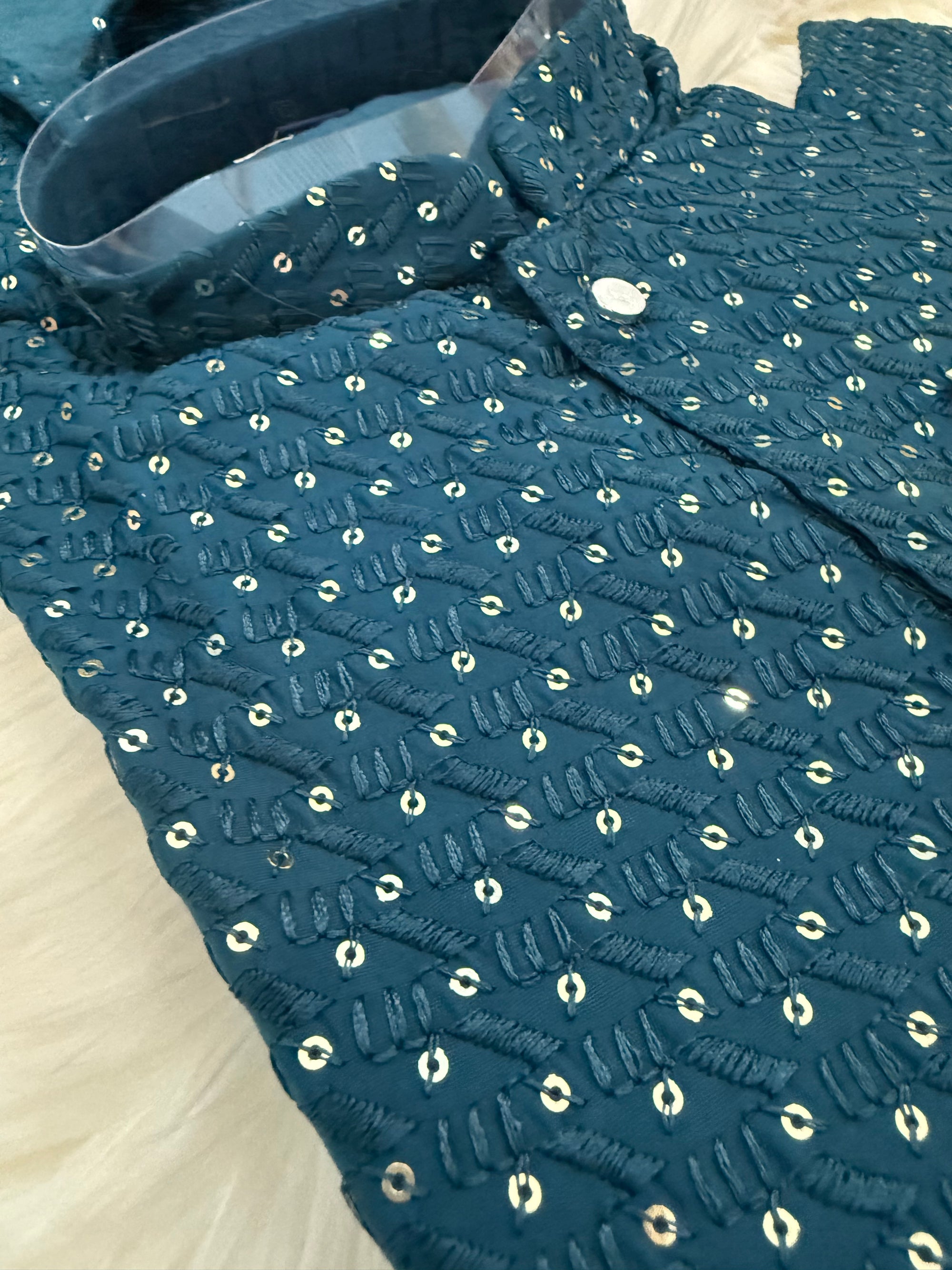 Pre-Teen and Teen Boy's Chikankari Embroidered Kurta Pajama with Sequins, Teal Blue Shade  - BOY-1911