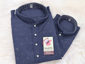 Men & Boys Navy Rayon Chikankari with Sequins Kurta Pajama Set | Matching Father Son Festive Outfit with Sequin Work, DM -2077