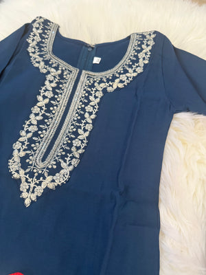 Elegant 3 Piece Peacock Blue Shade Kurti Set with Exquisitely Zari Work, Girl's Dress, Design G-1893
