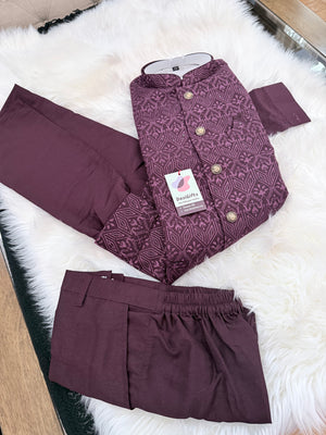 Men’s Wine 3-Piece Kurta Pajama Set with Pant Style Bottom & Embroidered Jacket, Silk Ethnic Wear, TPKP-2030