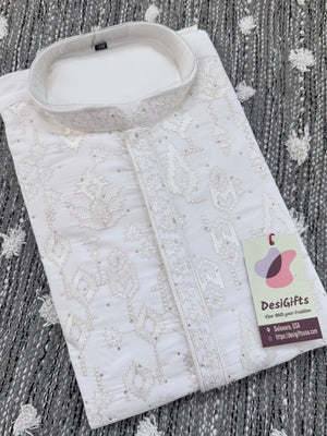 Men’s White Embroidered Kurta Pajama Set with Sequin Accents | Chikankari-Style Wedding & Festive Indian Outfit, KP- 3058