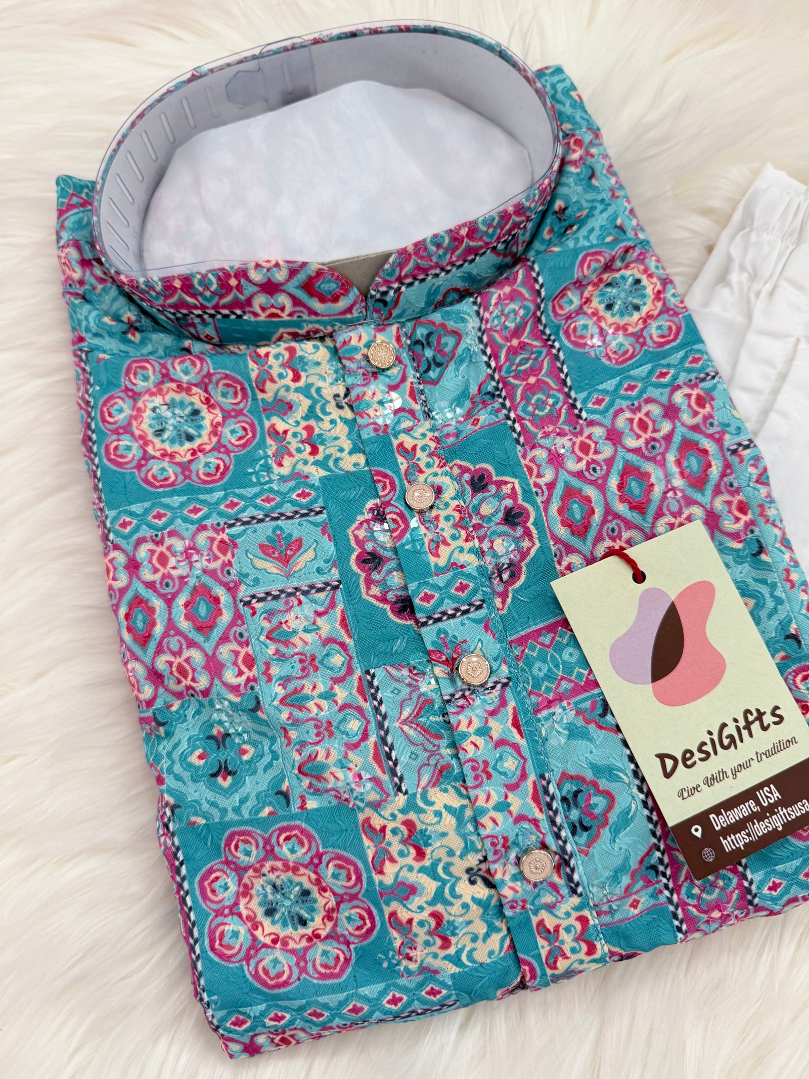 Premium Cyan Blue Embroidered Kurta Pajama Set – Viscose Rayon with Printed & Sequin Detailing | Traditional Outfit | KPS-2033