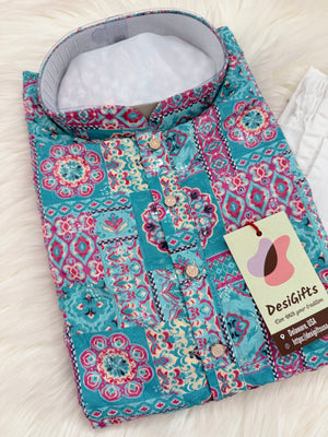 Premium Cyan Blue Embroidered Kurta Pajama Set – Viscose Rayon with Printed & Sequin Detailing | Traditional Outfit | KPS-2033