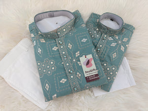 Father & Son Matching Turquoise Blue Kurta Pajama Set | Silver Zari-Style Embroidery, Sequin Work | Festive Wear, DM -4025