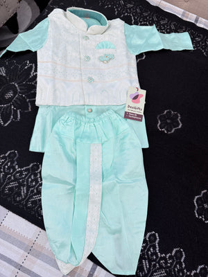 Boys Turquoise Shade Kurta Pajama Set with Geometric Self Design Jacket | Dhoti and Pajama | Indian Wedding Festive Ethnic Wear for Kids, B-4055