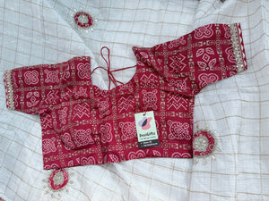 Women’s Off-White Linen Blend Saree with Red Bandhani Print Border & Matching Blouse, Festive Indian Saree, S- 3095