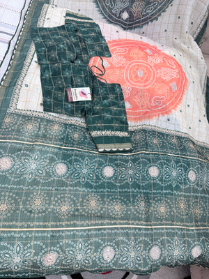 Linen Silk Blend Saree with Bandhani Style Print & Embellished Border, Indian Wedding Festive Saree with Stitched Blouse, S- 3093