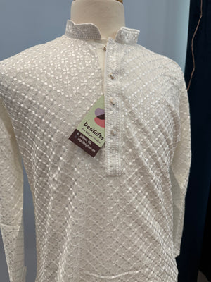 White Chikankari Shirt-Style Short Kurta with Sequins – Ethnic Casual Kurta, SK - 1936