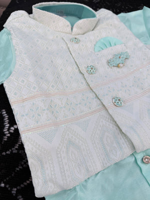 Boys Turquoise Shade Kurta Pajama Set with Geometric Self Design Jacket | Dhoti and Pajama | Indian Wedding Festive Ethnic Wear for Kids, B-4055