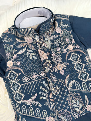 3 Piece Navy Blue Kurta Pajama Set with Embroidery Jacket Set, Silk Blend Fabric with a Slight Sheen, Father & Son's Matching Option, DM - 4081