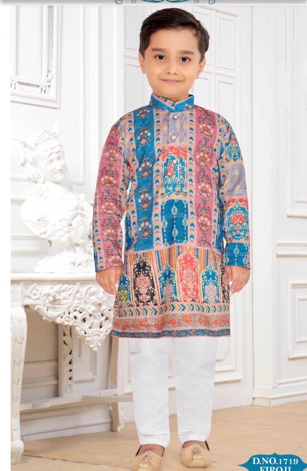 Maroon & Blue Multishade Boys’ Rayon with Sequins and Cotton Linen, Designer Dress with Print – BOY-2019