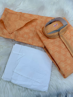 Men's Peach Orange Kurta Pajama Set | Jacquard silk Kurta Set with Trouser Pant | Traditional Indian Wedding, Diwali & Festive Wear, KP-4088